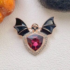 Vintage Inspired Gothic Brooch Bat Wing, Skull, with Sparkling Jewels Gold Tone